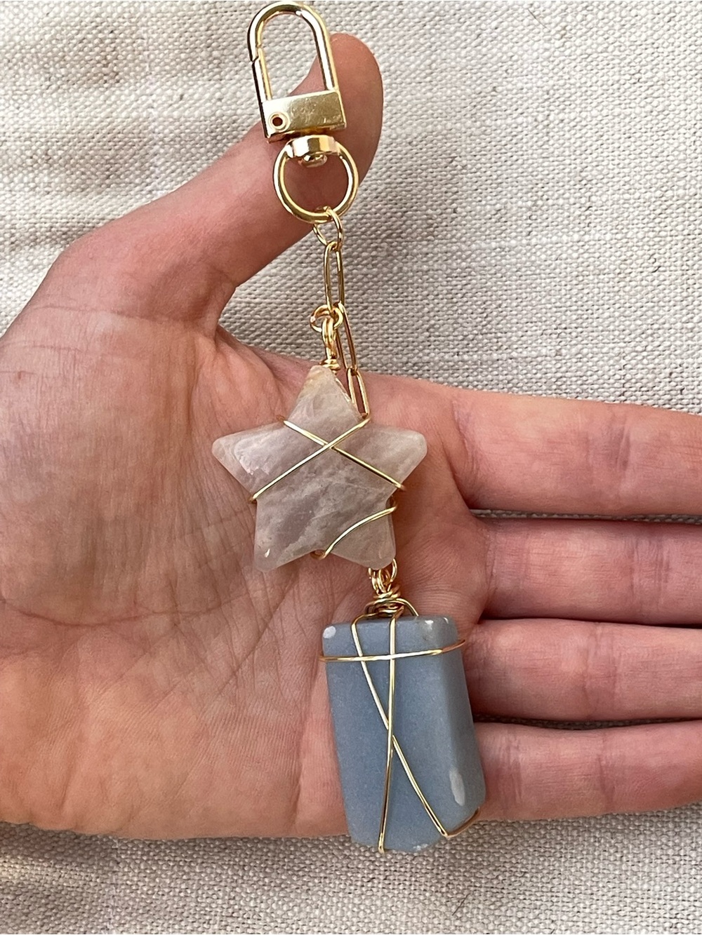 Blue Anhydrite and Rose Quartz Star Bag Charm Gold Wire Wrapping